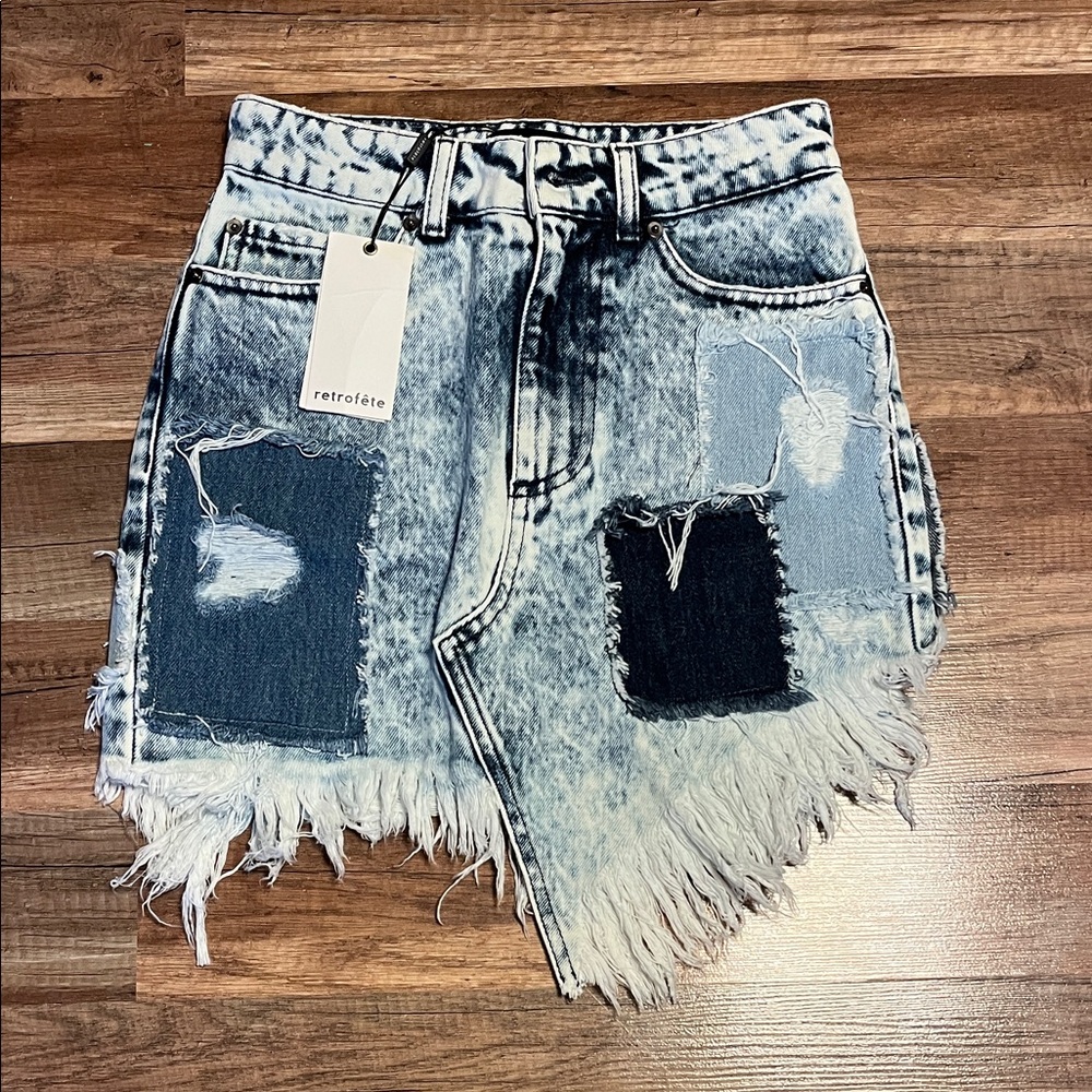 Retrofete Distressed Denim Midi Skirt - Blue and Black